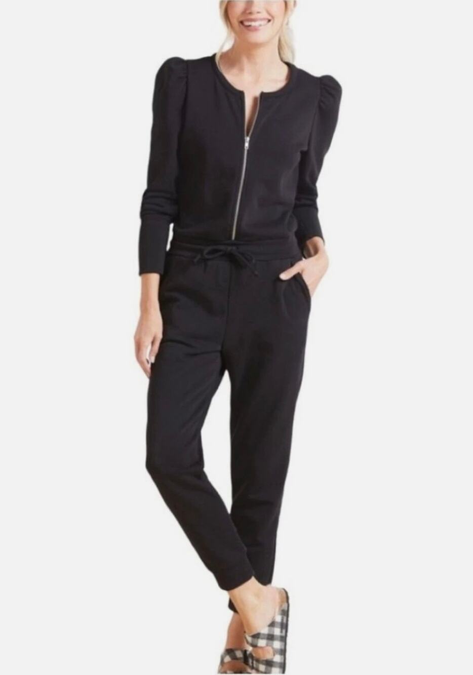 Chaser Black Puff Sleeve Sweatsuit Jogger Jumpsuit Womens L NWT Chic